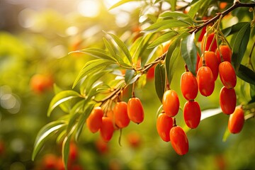 Organic goji berries, ripe and healthy, dangle from the green bush, a taste of nature's bounty. - obrazy, fototapety, plakaty