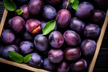 Fototapeta premium Ripe purple plums, nature's sweet and organic delight, on a rustic wooden table, a burst of freshness.