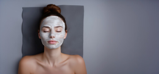Top view of a lying beautiful young woman with a clay mask on her face. Beauty and skincare procedure at home or spa salon