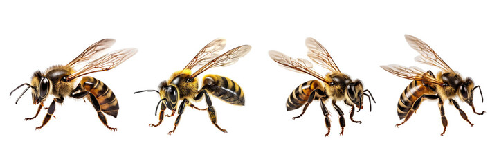 Set of a natural bee is flying isolated on a transparent or white background - obrazy, fototapety, plakaty