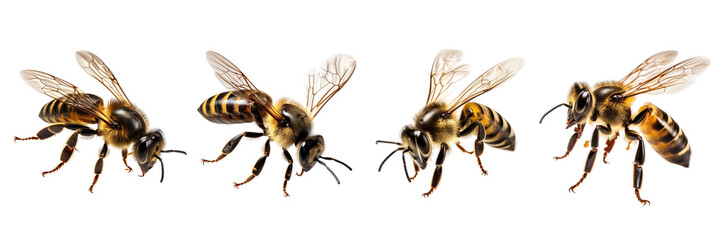 Set of a natural bee is flying isolated on a transparent or white background - obrazy, fototapety, plakaty
