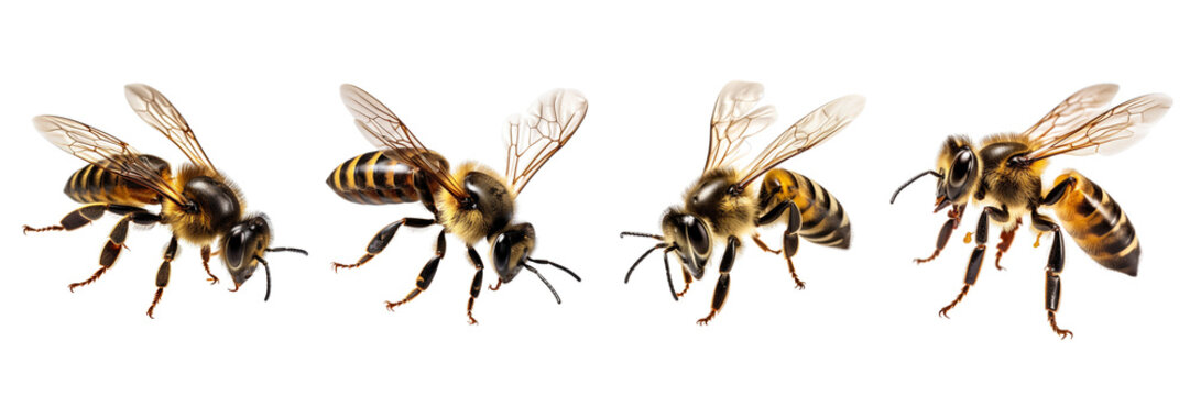 Set of a natural bee is flying isolated on a transparent or white background