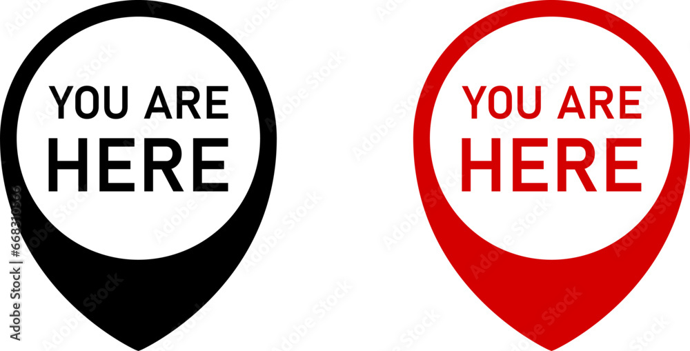 Poster black and red location pointer pin or you are here marker hotspot symbol sign icon set. vector image