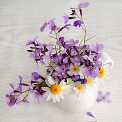 flores silvestres de color morado , en jarra de ceramica blanca 