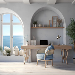 Mediterranean Home Office interior, Home Office interior mockup, Mediterranean style Home Office mockup, empty wall mockup