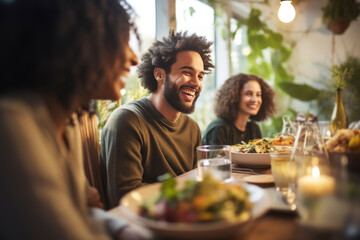 Multiracial friends having fun and eating together at home