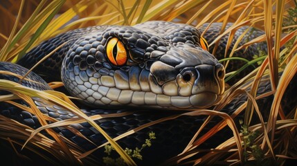 A painting of a snake with orange eyes, AI
