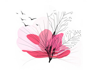 Unusual Christmas Tree in a soft pink abstract flower. Black Ink sketch of an winter landscape with birds silhouette.