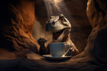 dinosaur relishing a coffee moment, seated amidst a lantern lit forest cafe at dawn.