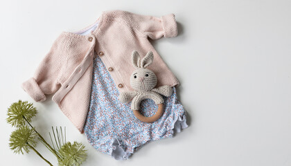 Baby clothes set top view.Beautiful infant outfit. Cardigan and romper. Organic clothing.