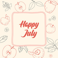 Summer banner with apples Happy July on gentle background vector template calendar