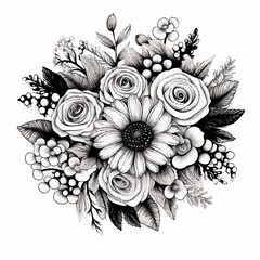 Illustration of black and doodle of wedding flowers on white background