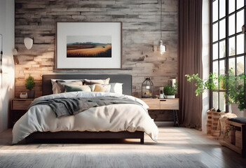 Modern interior of cosy lbedroom in white and creamy colors. AI generated. - obrazy, fototapety, plakaty