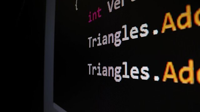 Closeup macro shot movement of coding script moving across LED screen with real-time AI-generated typing, showcasing advanced AI learning in optimization, debug and coding for software development.