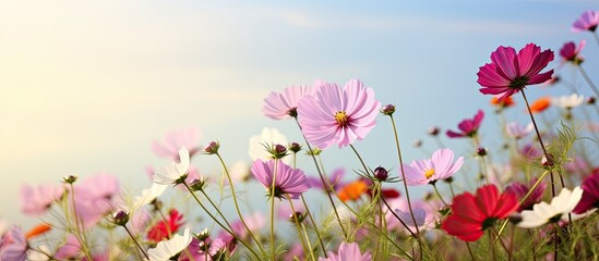 Cosmos flowers amidst summer scenery