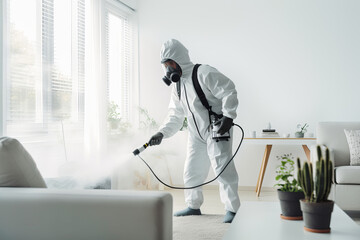 Faceless pest control worker in a protective suit sprays insect poison in a living room - obrazy, fototapety, plakaty
