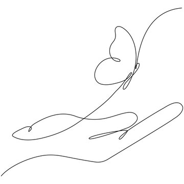 Flying butterfly in hand continuous one line drawn. Vector illustration isolated on white.