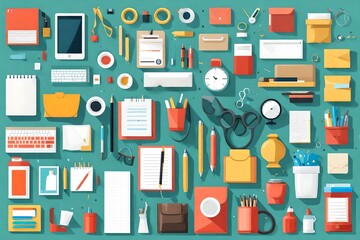 A series of flat design illustrations representing common office items.