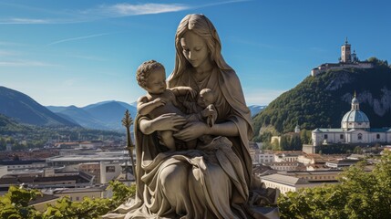 Naklejka premium maria and josef with her baby jesus in salzburg, christus time, salzburg panorama in background