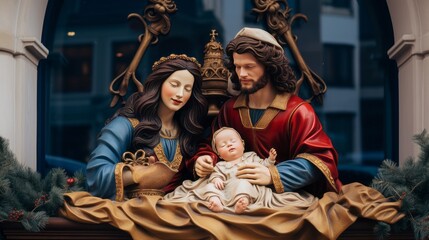 Obraz na płótnie Canvas maria and josef with her baby jesus in salzburg, christus time, salzburg panorama in background