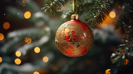 Bright New Year decorations on the Christmas tree, festive background, beautiful card.
