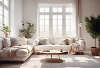Modern interior of cosy living room with sofa in white and creamy colors. AI generated.