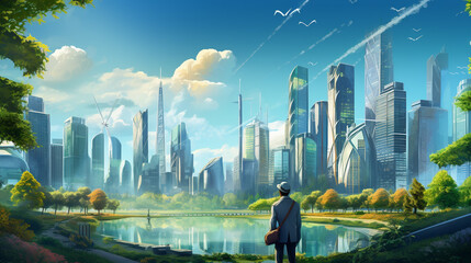 A civil engineer in a futuristic green city, working on a solar power project.