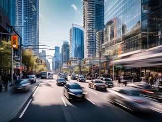 Fototapeta na wymiar Blurry sky scrapers city with cars and people blurred, clear sky, road view, generative AI. 