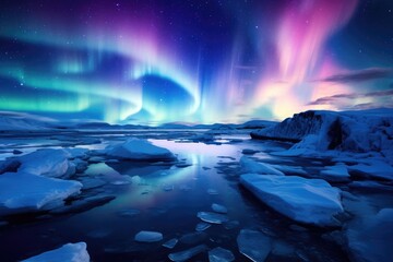 Frozen tundra with dancing polar lights.