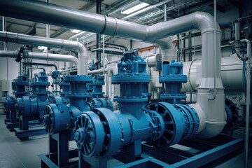 Industrial pumps and pipes in a water treatment facility. - obrazy, fototapety, plakaty
