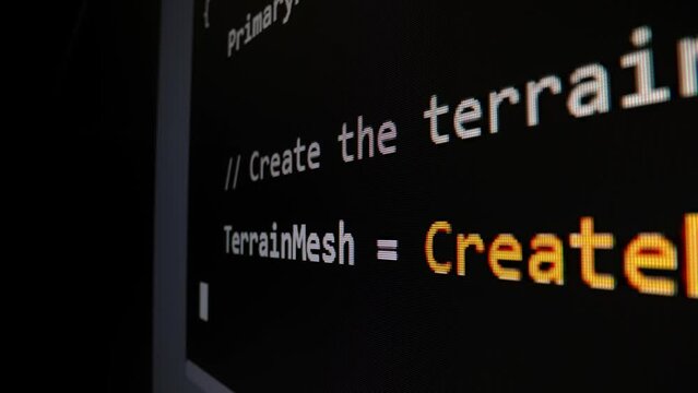 Closeup macro shot movement of coding script moving across LED screen with real-time AI-generated typing, showcasing advanced AI learning in optimization, debug and coding for software development.