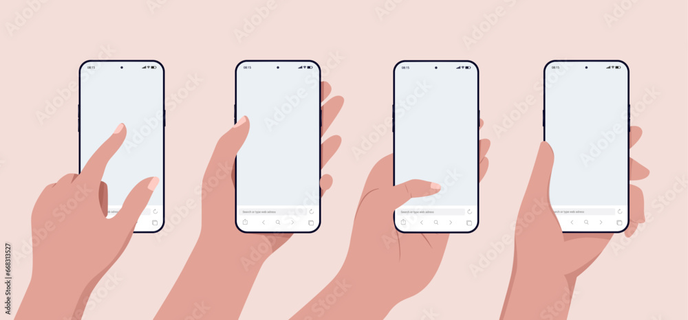 Leinwandbilder Hand holding mobile phone mockup vector collection - Set of illustrations with smartphone in hands and blank empty web browser screen. Flat design template with beige background