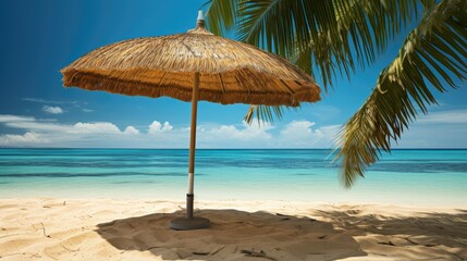 Immerse your audience in the allure of a leisurely day at the beach with a solitary coconut leaf parasol. Perfect for conveying the essence of a tranquil, sun-soaked paradise