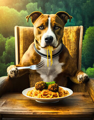 Dog eating spaghetti and meatballs with a fork