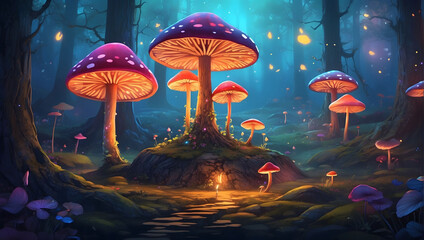 mystical forest with mushroom trees, fireflies all around, fairyland - obrazy, fototapety, plakaty