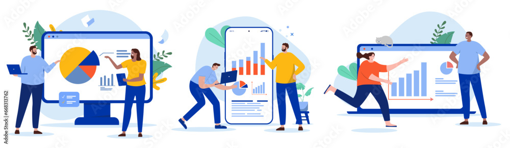Leinwandbilder People with charts and data collection - Set of illustrations with businesspeople working with graphs and analytics information on computer and device screen. Flat design vectors with white background