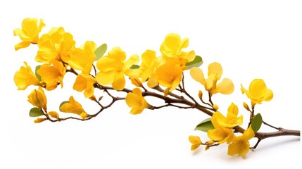Golden Elegance in Isolation: A radiant tabebuia flower isolated on a clean white backdrop, emphasizing the beauty of nature's vibrant yellow bloom – ideal for floral and horticultural concepts - obrazy, fototapety, plakaty
