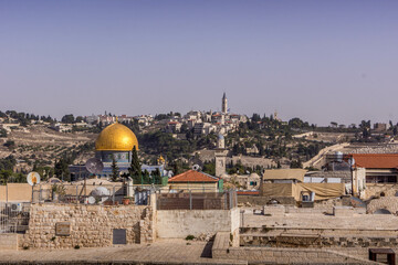 The golden roof of the Dome of the Rock, the Muslim religious shrine, over the roofs of Old Town of...