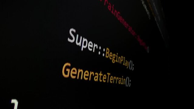 Closeup macro shot movement of coding script moving across LED screen with real-time AI-generated typing, showcasing advanced AI learning in optimization, debug and coding for software development.