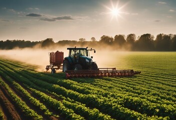 Tractor spraying pesticides fertilizer on soybean crops farm field in spring evening Smart Farming 