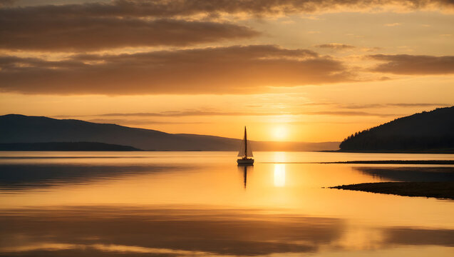 serene sunset over a tranquil lake with a lone sailboat on the horizon