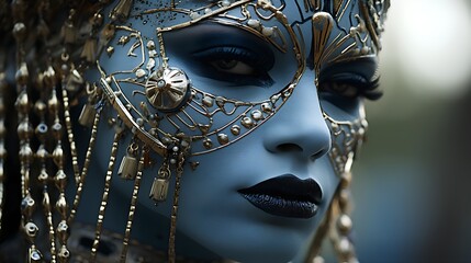 elegant woman with blue and gold mask-like makeup and headpiece