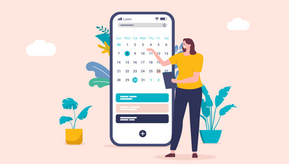 Time management and calendar - Project manager woman standing with calendar on phone screen planning schedule, start and end date on projects. Flat design vector illustration - obrazy, fototapety, plakaty