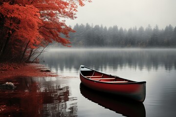 empty red canoe on the lake