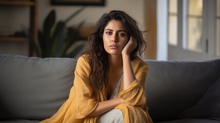 Obraz premium Navigating emotional turbulence: A young Indian Arab woman sits on her home sofa, looking into the distance with a worried expression, battling inner emotional struggles