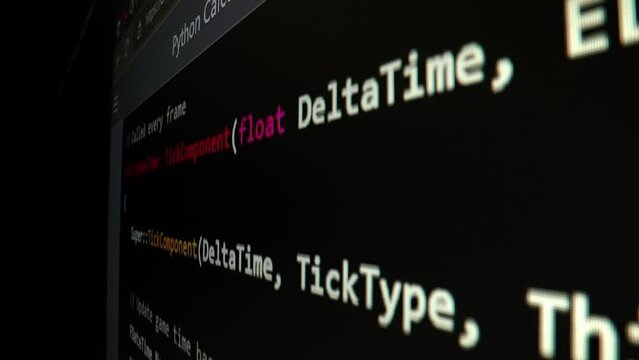 Closeup macro shot movement of coding script moving across LED screen with real-time AI-generated typing, showcasing advanced AI learning in optimization, debug and coding for software development.
