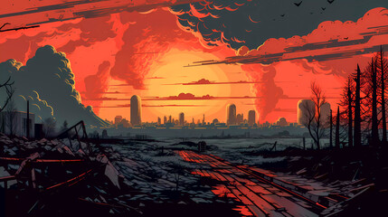 Nuclear zone in comics style, atomic landscape, apocalyptic view, Generative AI