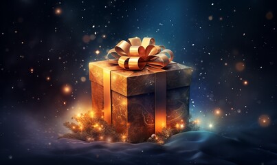 Shining Christmas gift box with golden ribbon on glowing dark blue background - obrazy, fototapety, plakaty