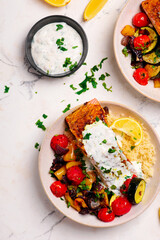 Moroccan  salmon with vegetables and couscous