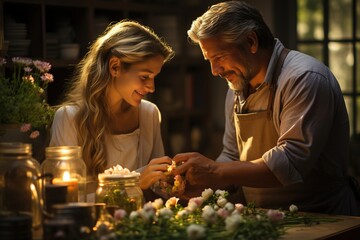 husband and wife arrange bouquets of flowers at home, Valentine's Day,